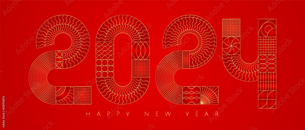 Fototapeta premium Gold 2024. Gold red luxury abstract geometry new year card.