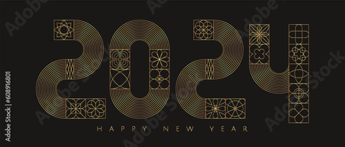 Gold 2024. Gold black luxury abstract geometry new year card.