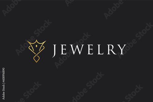 Jewelry store logo design template. Elegant and luxury gold jewellery logo concept in black background