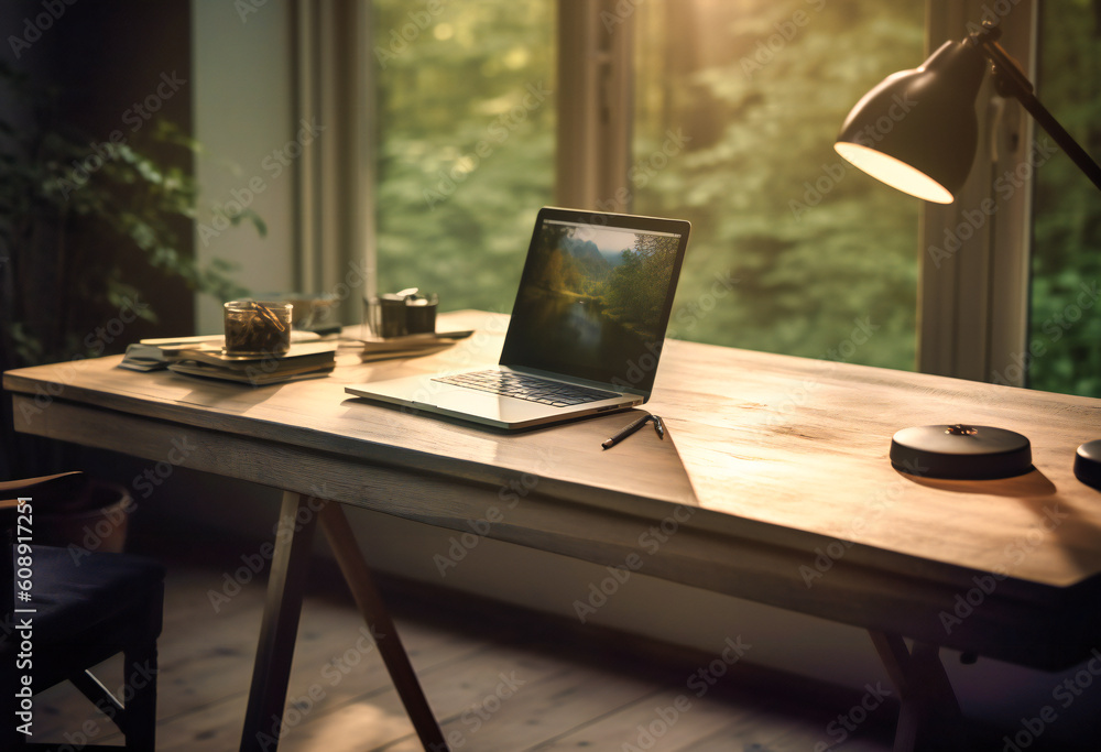 an office desk with a laptop on it an office desk with a laptop on it