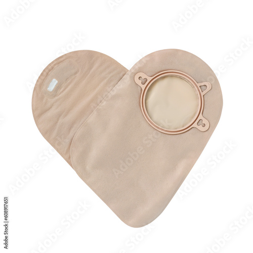Two piece ostomy appliance with pouches in the shape of a heart isolated a transparent background.