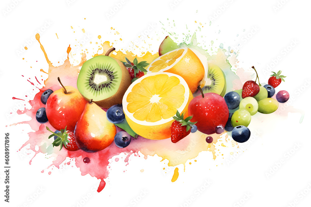 Watercolor design of different kinds of fresh arranged fruits - Generative AI Watercolor design of different kinds of fresh arranged fruits - Generative AI