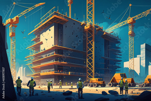 A building under construction buzzes with activity as workers diligently carry out their tasks at the construction site, creating a scene of bustling productivity. Generative AI.