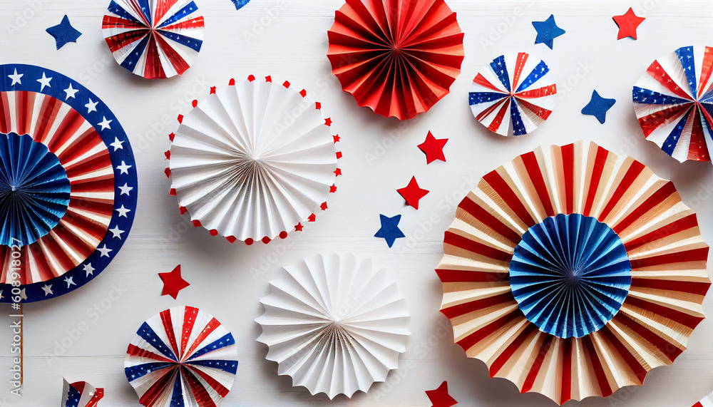 Decorations for 4th July Independence Da USA. Red, white, and blue paper fans for july 4th celebration. American flag for Memorial Day, white graves, 4th of July, Labour Day. Ai generated image