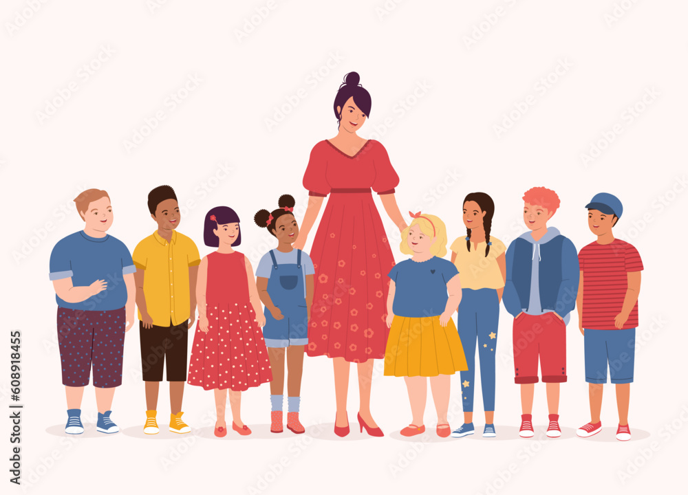 One Smiling Female Teacher And A Racial Diversity Group Of Happy Kids With Different Skin Tones, Hair Styles And Body Sizes Standing Together. Full Length. Flat Design Style, Character, Cartoon. One Smiling Female Teacher And A Racial Diversity Group Of Happy Kids With Different Skin Tones, Hair Styles And Body Sizes Standing Together. Full Length. Flat Design Style, Character, Cartoon.