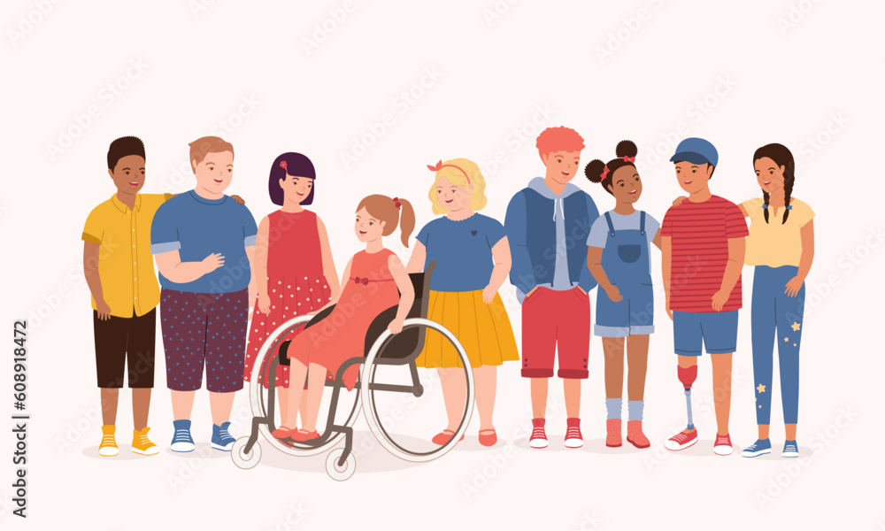 Obraz premium Smiling Racial Diversity Group Of Kids With Different Skin Tones, Hair Styles And Body Sizes Making Friends With Special Needs Children In Wheelchair And Prosthetic Leg. Full Length.