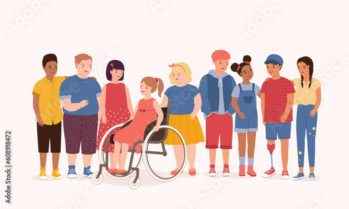 Smiling Racial Diversity Group Of Kids With Different Skin Tones, Hair Styles And Body Sizes Making Friends With Special Needs Children In Wheelchair And Prosthetic Leg. Full Length.