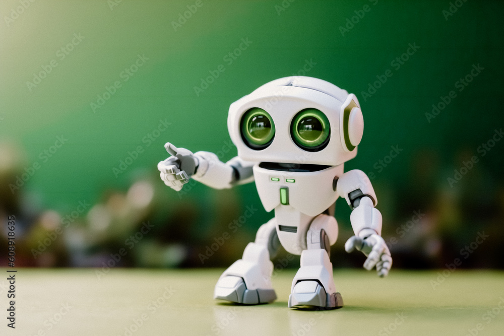 Cute robot pointing at copy space, on green background, ai generated Cute robot pointing at copy space, on green background, ai generated