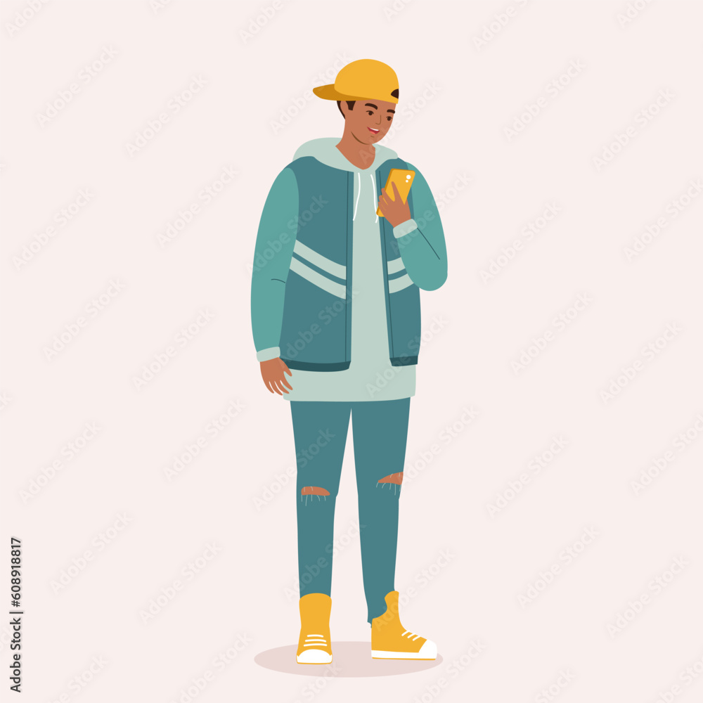 One Smiling Black Teenage Boy In Ripped Jeans And Cap Using His Mobile Phone While Standing. Digital Native. Full Length. Flat Design Style, Character, Cartoon.