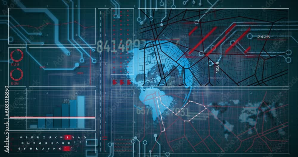 Animation of graph, map, changing numbers, map, circuit board pattern over globe on blue background Animation of graph, map, changing numbers, map, circuit board pattern over globe on blue background
