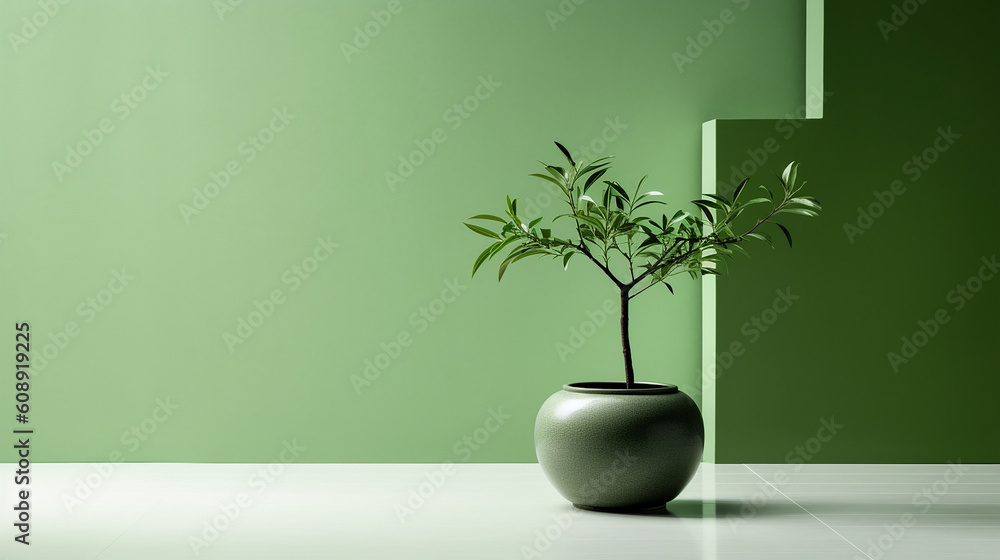 A green wall with a plant in it. Generative AI A green wall with a plant in it. Generative AI