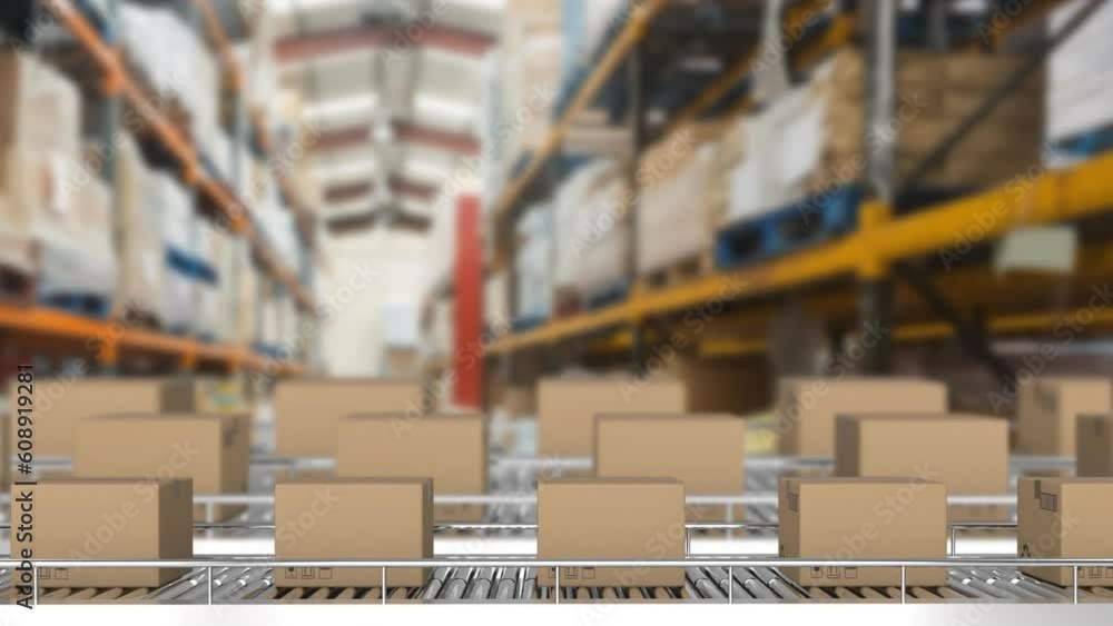 Animation of cardboard boxes moving on conveyor belt over shelfves in warehouse Animation of cardboard boxes moving on conveyor belt over shelfves in warehouse
