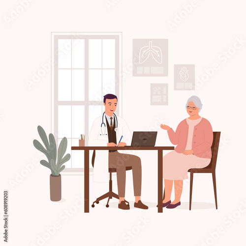 Smiling Male Doctor Or General Practitioner Having A Clinical Consultation While Writing Notes For A Senior Woman Patient At His Office. Full Length. Flat Design Style, Character, Cartoon.