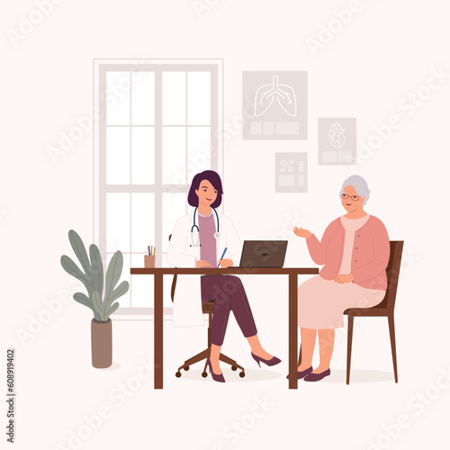 Smiling Female Doctor Or General Practitioner Having A Clinical Consultation While Writing Notes For A Senior Woman Patient At Her Office. Full Length. Flat Design Style, Character, Cartoon.
