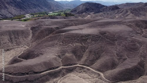 4k video of ancient geoglyph of the Palpa Lines depicting an orca or killer whale on a hillside. Drone flies up and tilts camera slowly down. Located in Palpa, Peru near the more famous Nazca Lines.