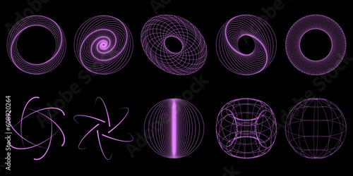 Collection of Neon Lowpoly 3D Shapes of Platonic Solids. Polygonal Shapes Basic Linear Figures. Vector Illustration. Graphic Shapes for Retrowave Synthwave Style Graphic Design on the Black Background