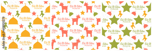 Set of Happy Eid Al Adha Mubarak Seamless Pattern of Muslims Celebration with Sacrificial Animals in Template Hand Drawn Cartoon Flat Illustration