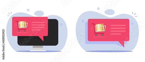 Ecommerce order info notification delivery completed notice message icon vector graphic, online computer pc push sms bubble status info for internet store shop image clipart illustration