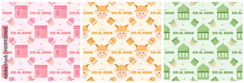 Set of Happy Eid Al Adha Mubarak Seamless Pattern of Muslims Celebration with Sacrificial Animals in Template Hand Drawn Cartoon Flat Illustration