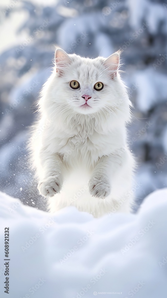jumping white cat in snow made with generative ai