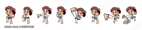 Set of difference pose cute girl doing karate move, taekwondo (Vector)