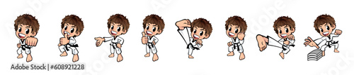 Set of difference pose cute boy doing karate move, taekwondo (Vector)