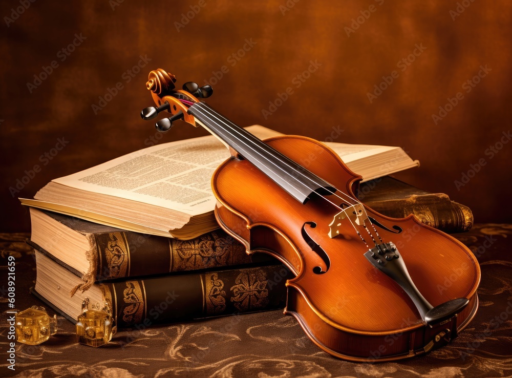 Violin, bow old books on a rustic wooden table, arts and music concept created with Generative AI technology Stock Illustration | Adobe
