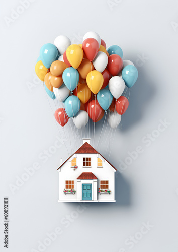 House with many colored balloons on a white background. Postcard The concept of a holiday in the house, buying real estate, moving. AI Generative