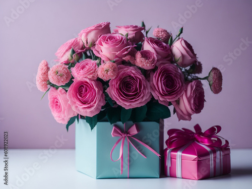 Beautiful bouquet of pink roses and gift box on white table. AI generated. © MrBaks