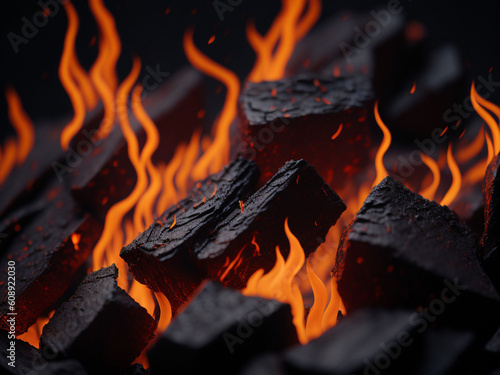Close-up of burning coals on black background with copy space. AI generated.