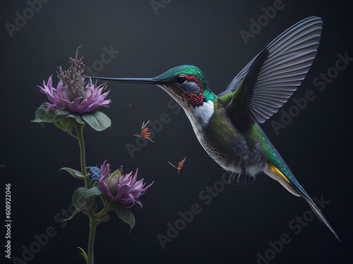 Hummingbird in flight with purple flower on a black background. AI generated. photo