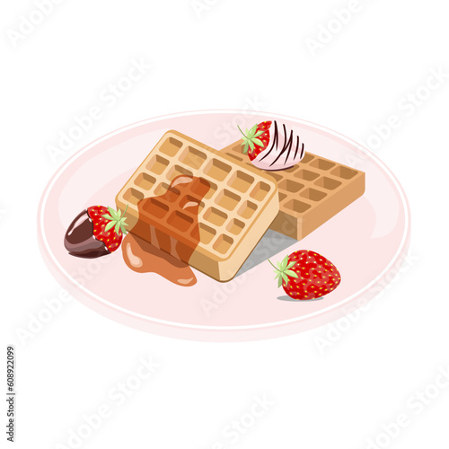 Delicious Belgian waffles with strawberries on a plate isolated on a white background.Vector illustration of dessert for coffee shops, pastry shops.