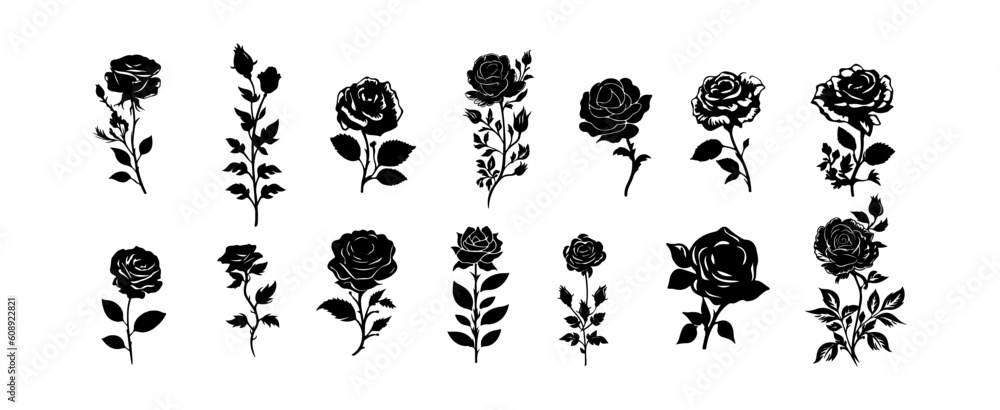 Fototapeta premium Beautiful rose flowers silhouette set isolated on white background. Natural flowers and leaves graphic vector illustration