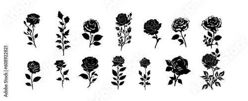 Beautiful rose flowers silhouette set isolated on white background. Natural flowers and leaves graphic vector illustration
