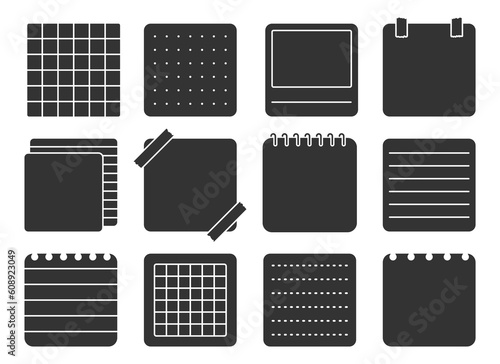 Paper note sticker square notepad black glyph set. Lined squared dotted paper note silhouette stamp filler sticker planner notebook design page task do list reminder frame notebook imprint isolated