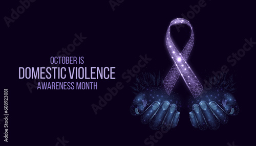 Domestic Violence Awareness Month concept. Banner template with glowing low poly purple ribbon. Futuristic modern abstract background. Vector illustration