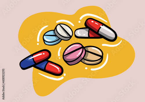 Pills, tablets and medicine drugs, colorful capsules with remedy filler. Oval or round medicament painkillers, antibiotics, vitamins, amino acid, mineral, bio active additives, Hand Drawn vector set