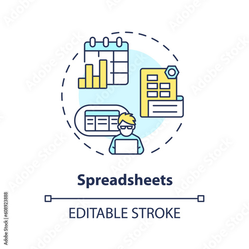 Spreadsheets concept icon. Project management. Business software. Content plan. Editorial calendar. Tracking data abstract idea thin line illustration. Isolated outline drawing. Editable stroke