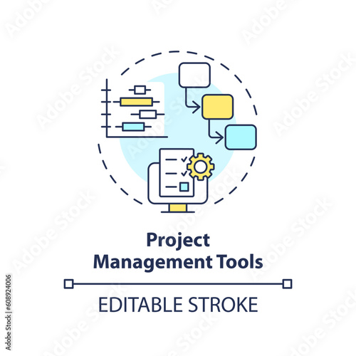 Project management tools concept icon. Team collaboration. Improve communication. Deadline schedule. Task planning abstract idea thin line illustration. Isolated outline drawing. Editable stroke