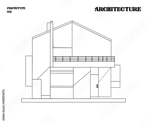 Vector de casa estilo bauhaus con tejado a dos aguas, boceto de casa lineal aislado con fondo blanco, impresión para pared, folletos, libros, portada o web. Ilustración para rellenar.