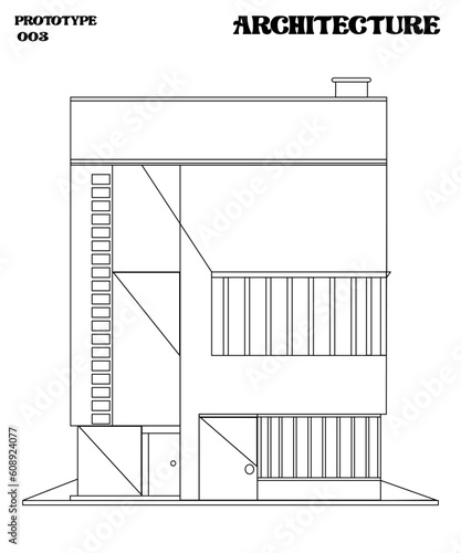 Bosquejo lineal de edificio moderno sobre fondo blanco, vector de edificio cuadrado lineal estilo bauhaus, ilustración minimalista para pared, folletos, libros, cuadros