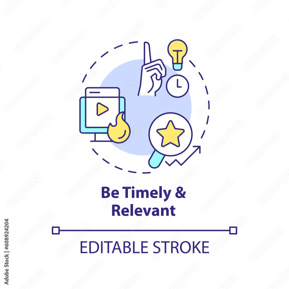 Be timely and relevant concept icon. Customer engagement. Trend analysis. Editorial calendar. Social media content abstract idea thin line illustration. Isolated outline drawing. Editable stroke