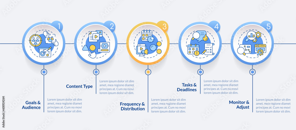 Make editorial calendar circle infographic template. Digital marketing. Data visualization with 5 steps. Editable timeline info chart. Workflow layout with line icons. Lato-Bold, Regular fonts used