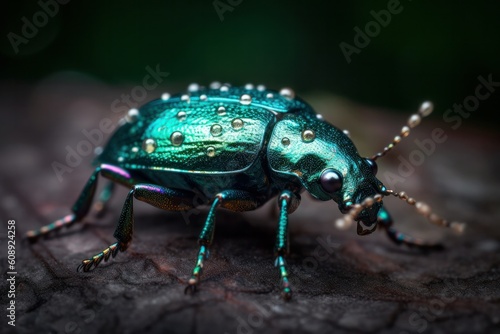 a beautiful diamond beetle on a tree branch. Amazing insect. Australian native Botany Bay Weevil, Chrysolopus spectabilis