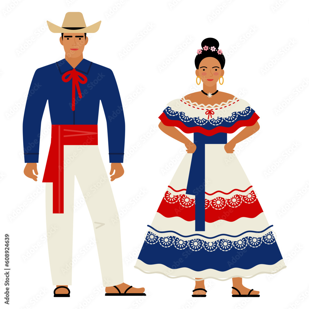 girl and young man in Costa Rican folk costume isolated on a white