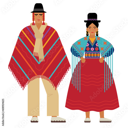 girl and young man in Bolivian folk costume isolated on a white background. couple of young people in the national traditional clothes of Bolivia. flat drawing in cartoon style. stock vector EPS 10.