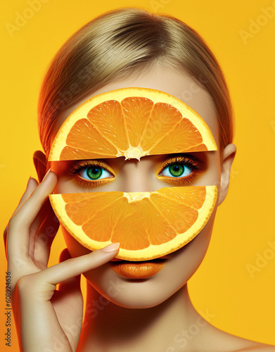 Summer exotic portrait of young beautiful girl enjoying tropical fruit, fashion concept with fresh refreshing, delicious orange. Illustration. Generative AI.