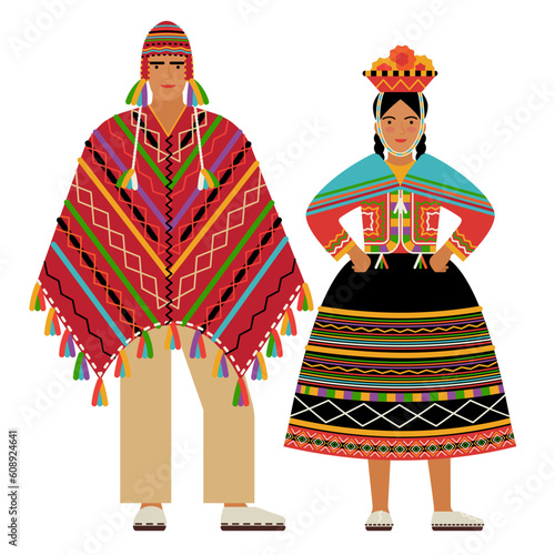 girl and young man in Peruvian folk costume isolated on a white background. couple of young people in the national traditional clothes of Peru. flat drawing in cartoon style. stock vector illustration