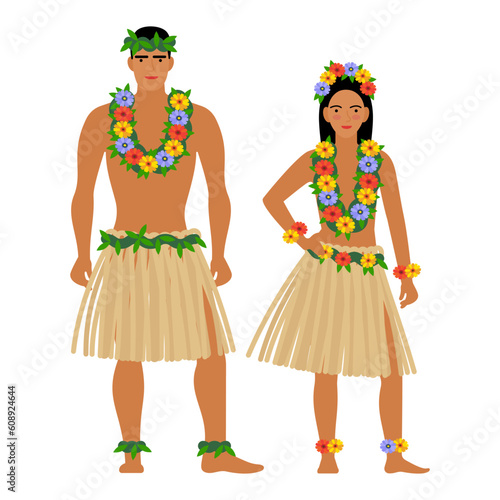 girl and young man in Hawaiian folk costume isolated on a white background. couple of young people in the national traditional clothes of Hawaii. flat drawing in cartoon style. stock vector EPS 10.