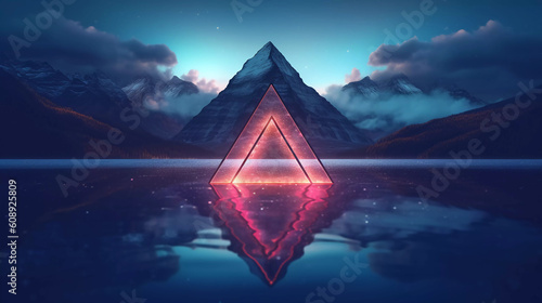 Abstract neon background with geometric triangle shape, Beautiful frame and extraterrestrial landscape under the night sky and Rocks. Futuristic minimalist wallpaper. Created with Generative AI. 